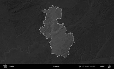 Le Mans 'da. Fransa 'nın idari alanı kararmış bir gri tonlama yükselme haritasına vurgulandı ve özetlendi