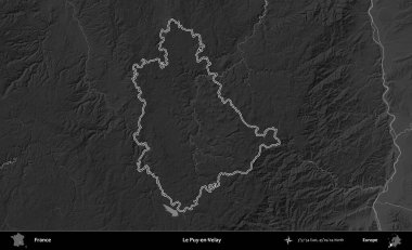 Le Puy-en-Velay. Gri tonlu yükseklik haritasında Fransa 'nın idari bölgesinin ana hatları çizilmiş