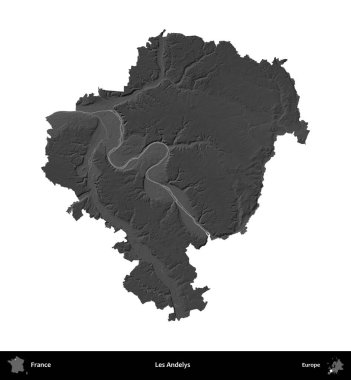 Les Andelys. Fransa 'nın idari bölgesi gri ölçekli yükseklik haritasında beyaza izole edildi