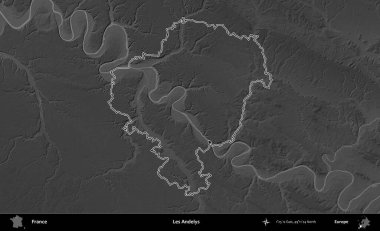 Les Andelys. Gri tonlu yükseklik haritasında Fransa 'nın idari bölgesinin ana hatları çizilmiş