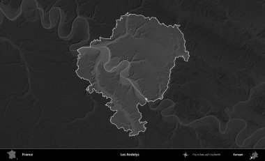Les Andelys. Fransa 'nın idari alanı kararmış bir gri tonlama yükselme haritasına vurgulandı ve özetlendi