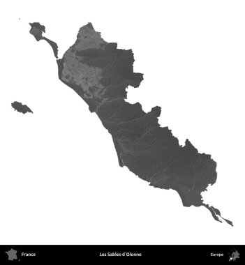 Les Sables-d'Olonne. Fransa 'nın idari bölgesi gri ölçekli yükseklik haritasında beyaza izole edildi