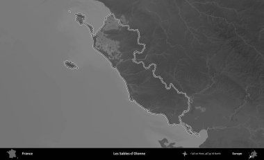 Les Sables-d'Olonne. Gri tonlu yükseklik haritasında Fransa 'nın idari bölgesinin ana hatları çizilmiş