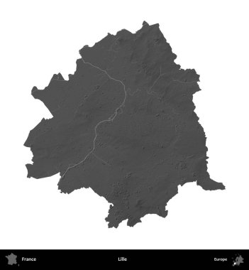 Lille. Fransa 'nın idari bölgesi gri ölçekli yükseklik haritasında beyaza izole edildi