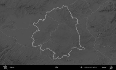 Lille. Gri tonlu yükseklik haritasında Fransa 'nın idari bölgesinin ana hatları çizilmiş