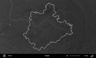 Limojeler. Gri tonlu yükseklik haritasında Fransa 'nın idari bölgesinin ana hatları çizilmiş