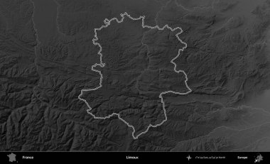 Limuzin. Gri tonlu yükseklik haritasında Fransa 'nın idari bölgesinin ana hatları çizilmiş
