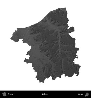 Lisieux. Fransa 'nın idari bölgesi gri ölçekli yükseklik haritasında beyaza izole edildi