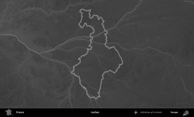 Göller. Gri tonlu yükseklik haritasında Fransa 'nın idari bölgesinin ana hatları çizilmiş