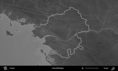 Loire-Atlantique 'de. Gri tonlu yükseklik haritasında Fransa 'nın idari bölgesinin ana hatları çizilmiş