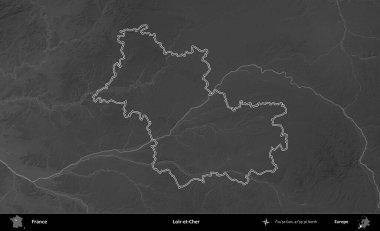 Loir-et-Cher. Gri tonlu yükseklik haritasında Fransa 'nın idari bölgesinin ana hatları çizilmiş