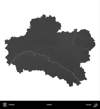 Loiret. Fransa 'nın idari bölgesi gri ölçekli yükseklik haritasında beyaza izole edildi