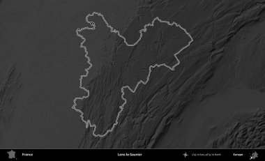 Lons-le-Saunier. Gri tonlu yükseklik haritasında Fransa 'nın idari bölgesinin ana hatları çizilmiş