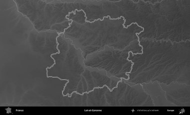 Lot-et-Garonne. Gri tonlu yükseklik haritasında Fransa 'nın idari bölgesinin ana hatları çizilmiş