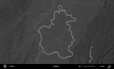 Louhan 'lar. Gri tonlu yükseklik haritasında Fransa 'nın idari bölgesinin ana hatları çizilmiş