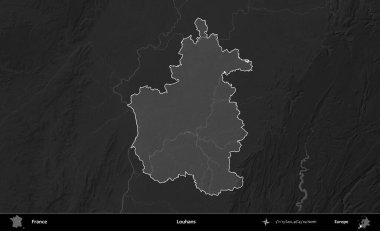 Louhan 'lar. Fransa 'nın idari alanı kararmış bir gri tonlama yükselme haritasına vurgulandı ve özetlendi