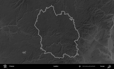 Lozere. Gri tonlu yükseklik haritasında Fransa 'nın idari bölgesinin ana hatları çizilmiş