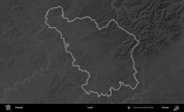 Yem. Gri tonlu yükseklik haritasında Fransa 'nın idari bölgesinin ana hatları çizilmiş