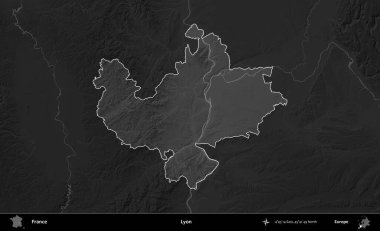 Lyon. Fransa 'nın idari alanı kararmış bir gri tonlama yükselme haritasına vurgulandı ve özetlendi