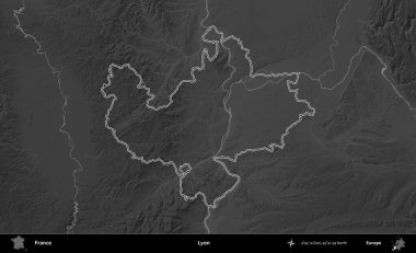 Lyon. Gri tonlu yükseklik haritasında Fransa 'nın idari bölgesinin ana hatları çizilmiş