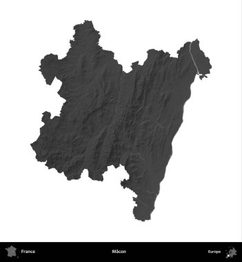 Macon. Fransa 'nın idari bölgesi gri ölçekli yükseklik haritasında beyaza izole edildi