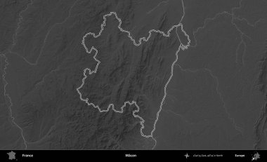 Macon. Gri tonlu yükseklik haritasında Fransa 'nın idari bölgesinin ana hatları çizilmiş