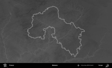 Mamers. Gri tonlu yükseklik haritasında Fransa 'nın idari bölgesinin ana hatları çizilmiş
