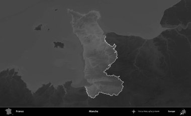 Manche. Fransa 'nın idari alanı kararmış bir gri tonlama yükselme haritasına vurgulandı ve özetlendi