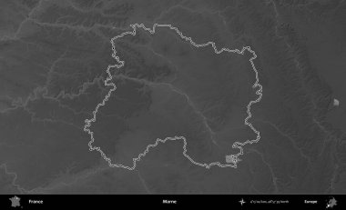 Marne. Gri tonlu yükseklik haritasında Fransa 'nın idari bölgesinin ana hatları çizilmiş