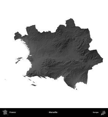 Marsilya. Fransa 'nın idari bölgesi gri ölçekli yükseklik haritasında beyaza izole edildi