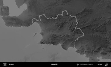 Marsilya. Gri tonlu yükseklik haritasında Fransa 'nın idari bölgesinin ana hatları çizilmiş