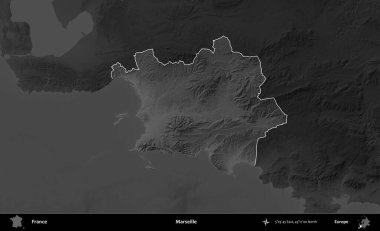 Marsilya. Fransa 'nın idari alanı kararmış bir gri tonlama yükselme haritasına vurgulandı ve özetlendi