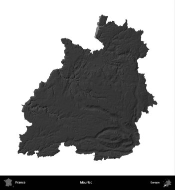 Mauriac. Fransa 'nın idari bölgesi gri ölçekli yükseklik haritasında beyaza izole edildi