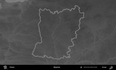 Mayenne. Gri tonlu yükseklik haritasında Fransa 'nın idari bölgesinin ana hatları çizilmiş