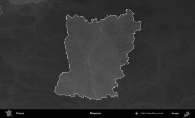 Mayenne. Fransa 'nın idari alanı kararmış bir gri tonlama yükselme haritasına vurgulandı ve özetlendi