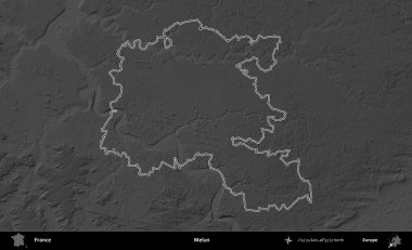 Melun. Gri tonlu yükseklik haritasında Fransa 'nın idari bölgesinin ana hatları çizilmiş