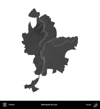 Metropole de Lyon 'da. Fransa 'nın idari bölgesi gri ölçekli yükseklik haritasında beyaza izole edildi
