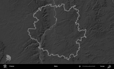 Metz. Gri tonlu yükseklik haritasında Fransa 'nın idari bölgesinin ana hatları çizilmiş
