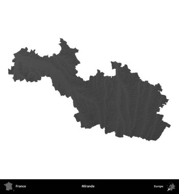 Mirande. Fransa 'nın idari bölgesi gri ölçekli yükseklik haritasında beyaza izole edildi