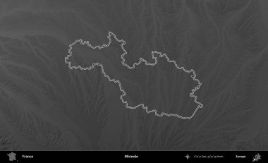 Mirande. Gri tonlu yükseklik haritasında Fransa 'nın idari bölgesinin ana hatları çizilmiş