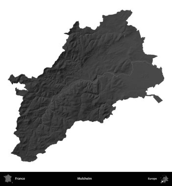 Molsheim. Fransa 'nın idari bölgesi gri ölçekli yükseklik haritasında beyaza izole edildi