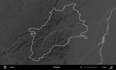 Molsheim. Gri tonlu yükseklik haritasında Fransa 'nın idari bölgesinin ana hatları çizilmiş