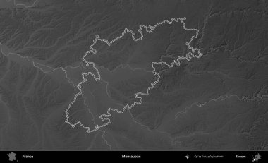 Montauban. Gri tonlu yükseklik haritasında Fransa 'nın idari bölgesinin ana hatları çizilmiş
