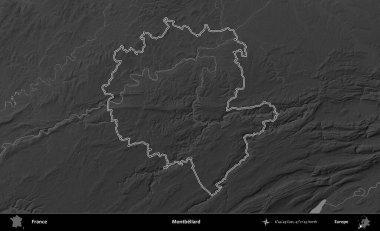 Montbeliard 'da. Gri tonlu yükseklik haritasında Fransa 'nın idari bölgesinin ana hatları çizilmiş