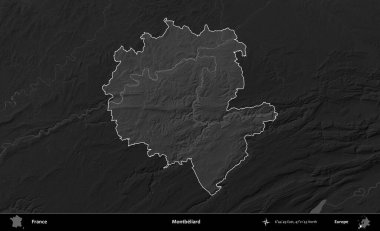 Montbeliard 'da. Fransa 'nın idari alanı kararmış bir gri tonlama yükselme haritasına vurgulandı ve özetlendi