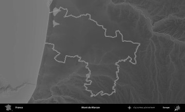 Mont-de-Marsan. Gri tonlu yükseklik haritasında Fransa 'nın idari bölgesinin ana hatları çizilmiş