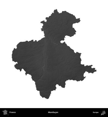 Montlucon 'da. Fransa 'nın idari bölgesi gri ölçekli yükseklik haritasında beyaza izole edildi