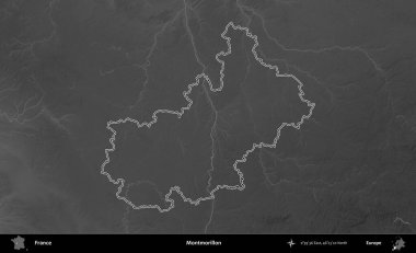 Montmorillon 'da. Gri tonlu yükseklik haritasında Fransa 'nın idari bölgesinin ana hatları çizilmiş