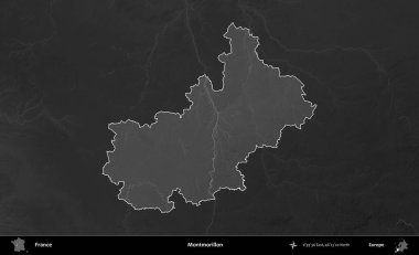 Montmorillon 'da. Fransa 'nın idari alanı kararmış bir gri tonlama yükselme haritasına vurgulandı ve özetlendi