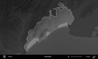 Montpellier 'de. Fransa 'nın idari alanı kararmış bir gri tonlama yükselme haritasına vurgulandı ve özetlendi